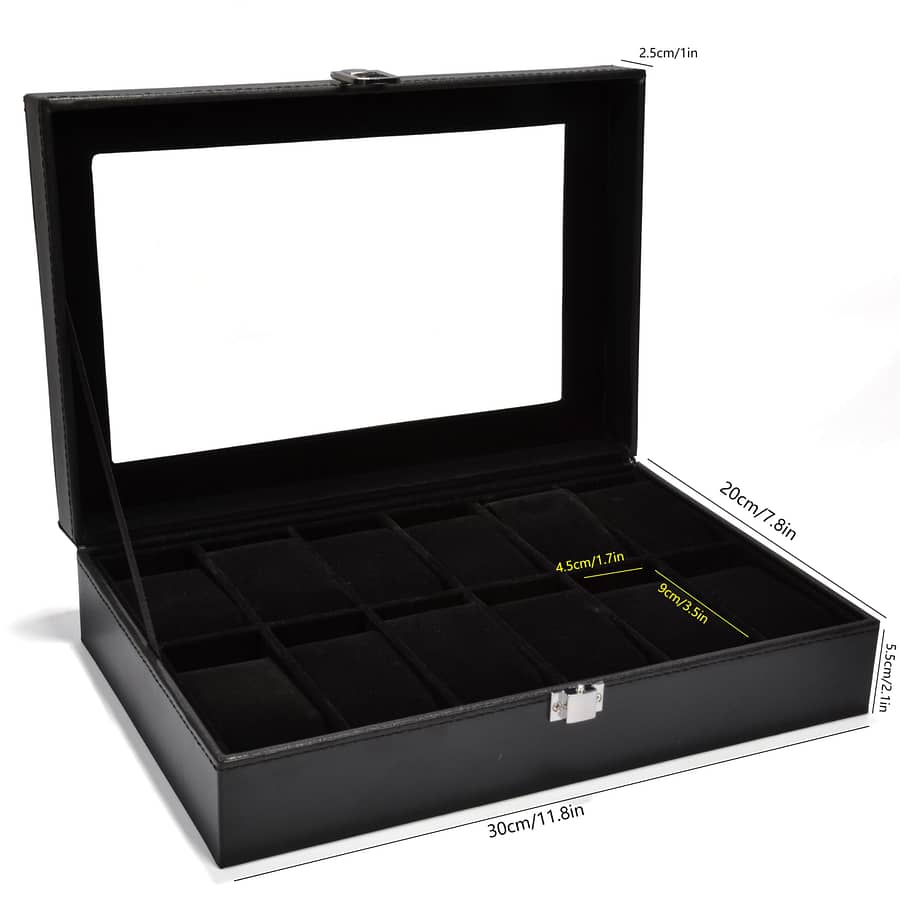 12-slot Watch Box, Black Leather Watch Storage Case, Watch Display Box With Glass Top, Men’s Watch Jewelry Collection Organizer, Holiday Gift. Cabinets & Cases Shop Online at Dubai Trades 2