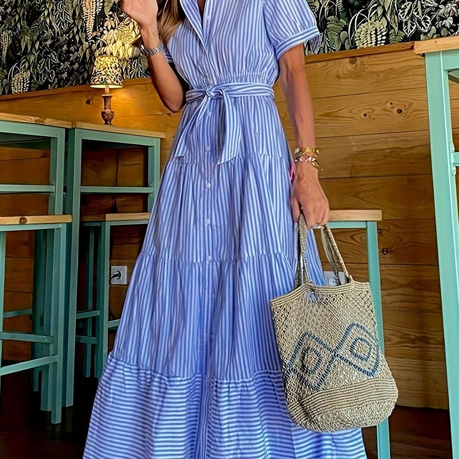 1pc Fd492 Style Striped Tunic Dress, Polyester 95% Elastane 5%, Lapel Collar With Belt Detail, Woven Midi Length For Adults Clothing Shop Online at Dubai Trades 2