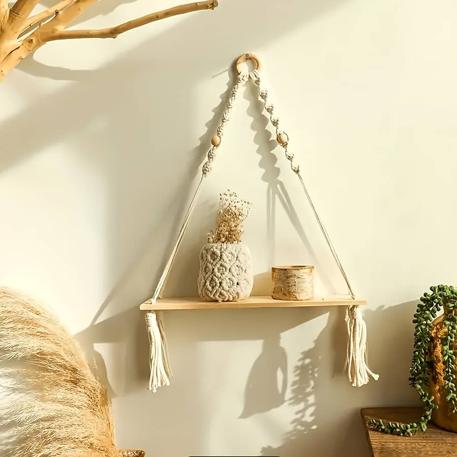 1pc Macrame Hanging Shelf Boho Handmade Bohemian Wooden Plants Floating Rope Shelves, Aesthetic Room Decor, Home Decor, Kitchen Accessories, Bathroom Decor, Bedroom Decor Floating Shelves Shop Online at Dubai Trades 2