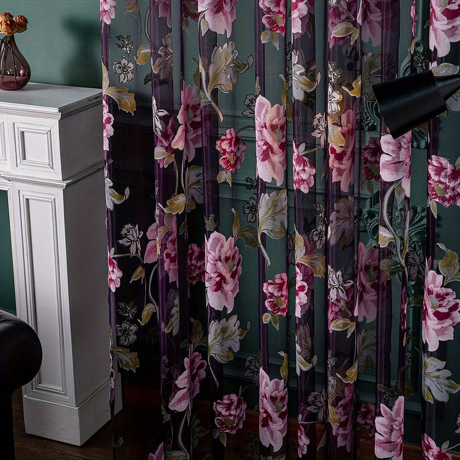 1pc Purple Style Flower Printed Window Sheer Curtain Small Fresh Translucent Curtain Suitable For Living Room, Bedroom, Kitchen, Bathroom, Home Decor, Room Decor Curtains & Drapes Shop Online at Dubai Trades 2