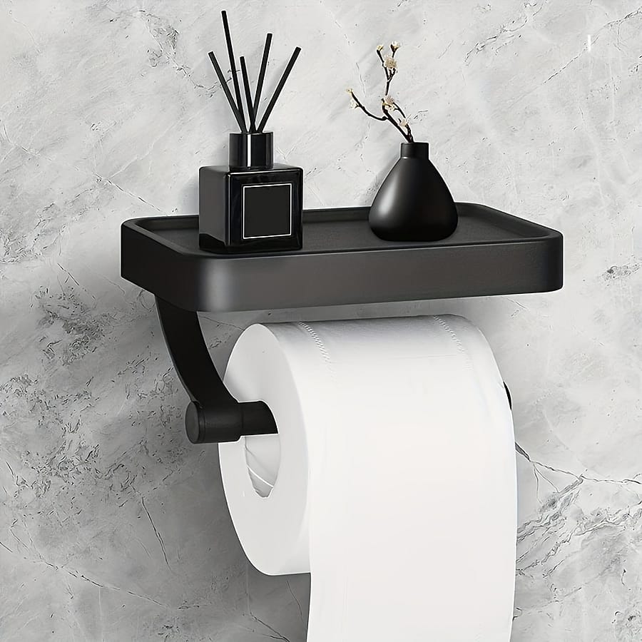 1pc Rustproof And Stainless Steel Toilet Paper Holder With Phone Shelf – Wall Mounted Self Adhesive Tissue Roll Holder For Bathroom And Washroom – Black Tissue Rack Bathroom Storage & Organization Shop Online at Dubai Trades 2
