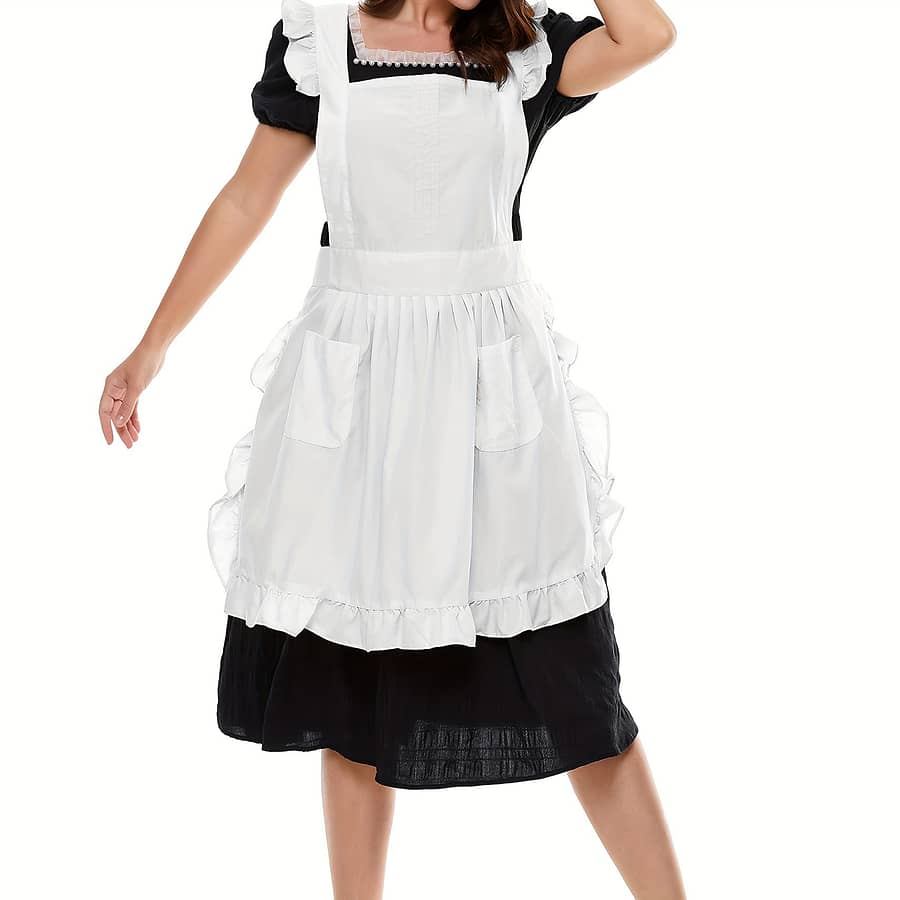 1pc, , White Vintage Adjustable Ruffle Apron With Pockets, Pleated Apron Kitchen Cooking Baking Cleaning Maid Costume, Cute Vintage Kitchen Cooking Apron For Women Girls Aprons Shop Online at Dubai Trades 2
