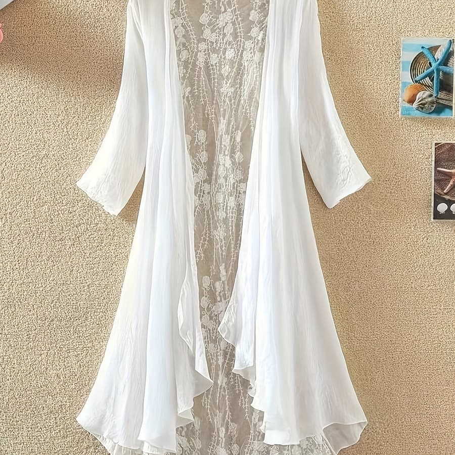 1pc, Women’s Cardigan, Mid-length Lace Stitching, Long Sleeves V Neck Up Shirt, Beach Vacation Clothing Shop Online at Dubai Trades 2