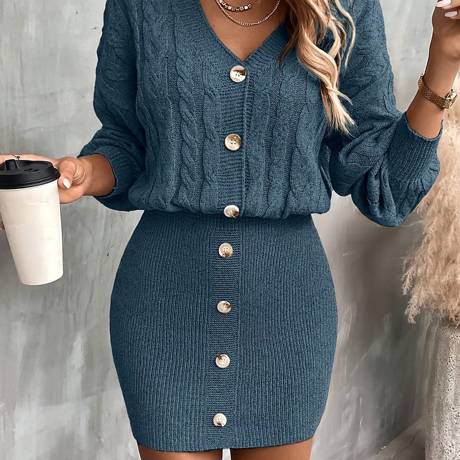 1pc Women’s Sexy V-neck Knit Dress, Polyester 100% Solid Color Midi Bodycon With Button Detail, Loose Fit Fall/winter Knitted Dress Clothing Shop Online at Dubai Trades 2