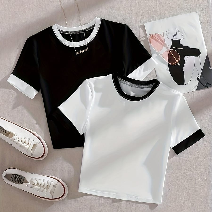2 Pack Contrast Trim Color Block T-shirts, Casual Short Sleeve Crew Neck Fitted Tops, Women’s Clothing Clothing Shop Online at Dubai Trades 2