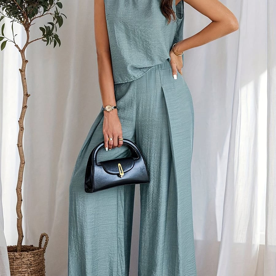 2 Pcs Solid Top & Pants Set, Sleeveless Crew Neck Loose Top & Wide Leg Pants Outfits, Women’s Clothing Clothing Shop Online at Dubai Trades 2