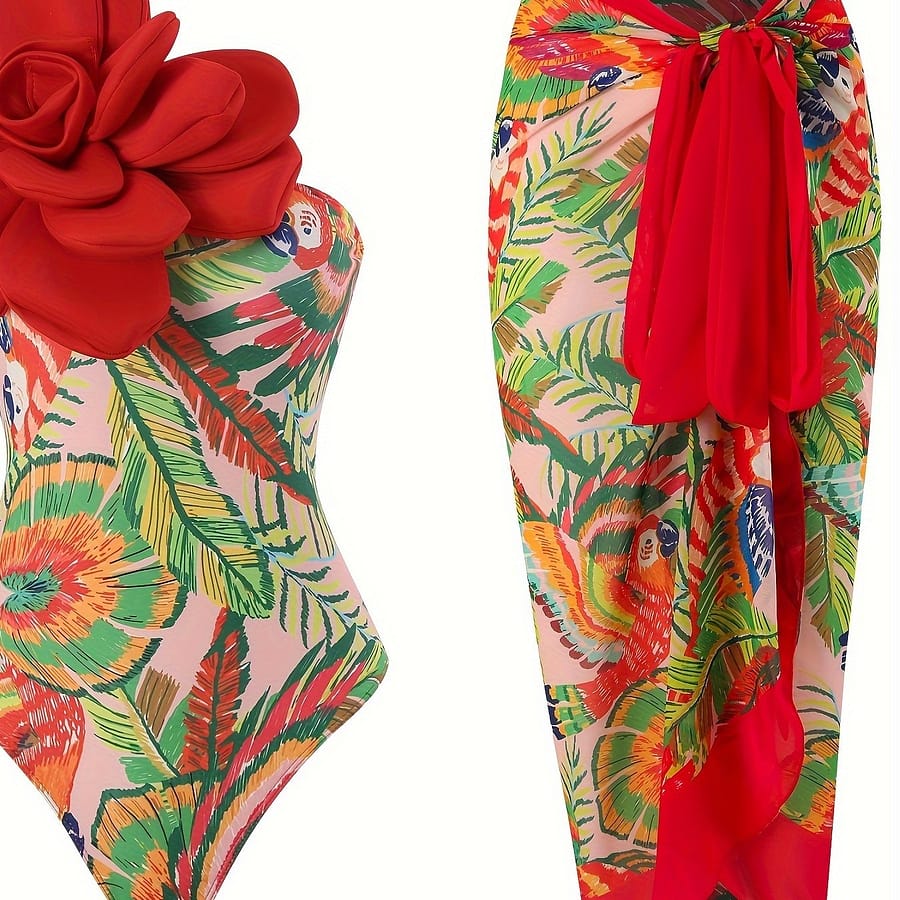 2023 -piece Swimsuit With A Chinese-style Bird Print And Red Roses Clothing Shop Online at Dubai Trades 2