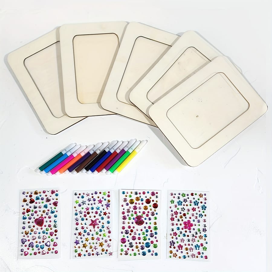 21 Pcs Picture Frame Painting Craft Kit: Includes 5 Unfinished Wooden Frames, 12 Mini Watercolor Pens, And 4 Sheets Of Stickers For Diy Photo Frames – Suitable For Home & Kitchen Shop Online at Dubai Trades 2