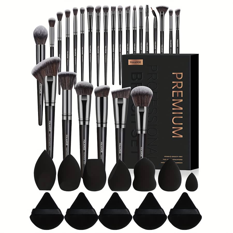 25 Pcs Makeup Brush Set With Storage Box + 7 Pcs Makeup Sponge Beauty Eggs + 5 Pcs Triangle Flocking Wet And Dry Air Cushion Powder Puff, Full Set Makeup Tools Beauty & Personal Care Shop Online at Dubai Trades 2