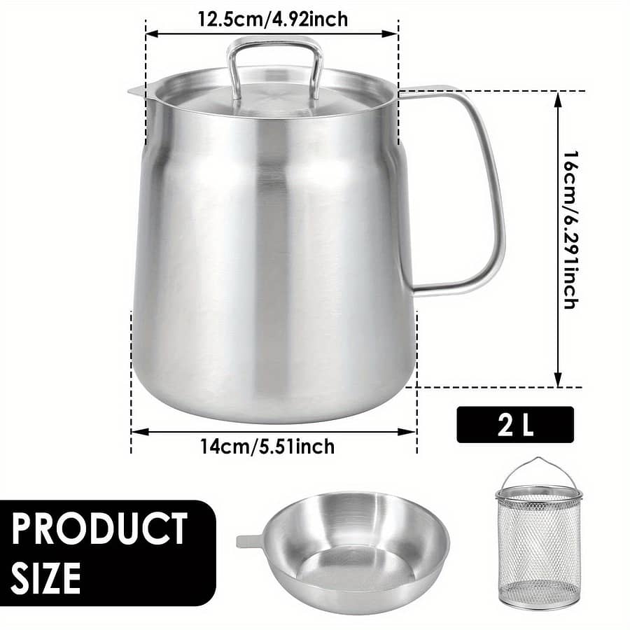 2l Stainless Steel Oil Filter Pot Mesh Strainer, Grease Storage Can, And Fry Basket – Ideal For Kitchen Use, Grease Container | Sleek Stainless Steel | Kitchenware Colanders & Food Strainers Shop Online at Dubai Trades 2