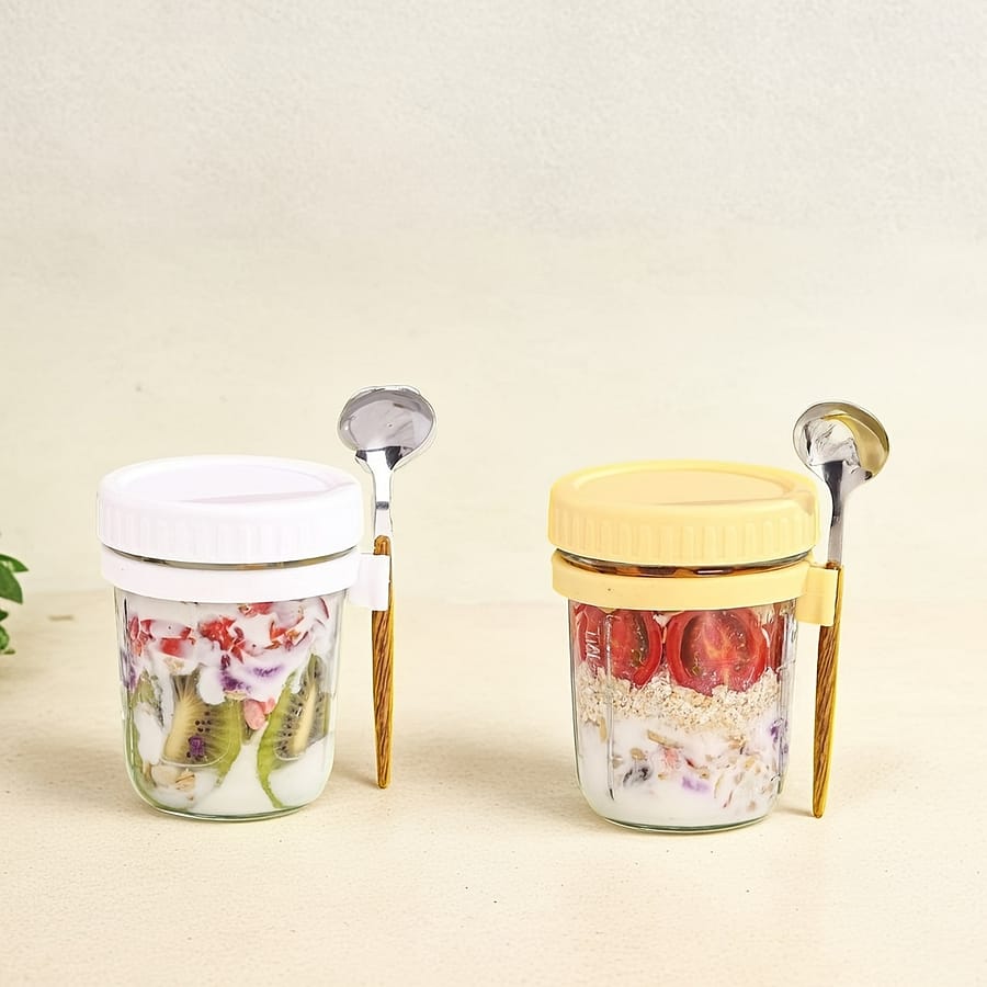 2pcs 350ml/12.32oz Glass Cups,overnight Oats Cup With Spoon Breakfast Cup Portable Glass Salad Jar Yogurt Cup Dining & Entertaining Shop Online at Dubai Trades 2