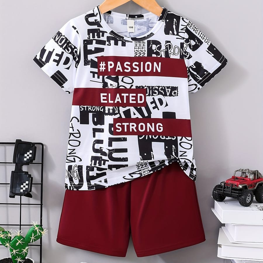 2pcs Boys Casual Stylish Letter Print Comfortable Versatile Short Sleeve T-shirt & Shorts Set, Cool, Lightweight And Comfy Summer Clothes Boys Shop Online at Dubai Trades 2