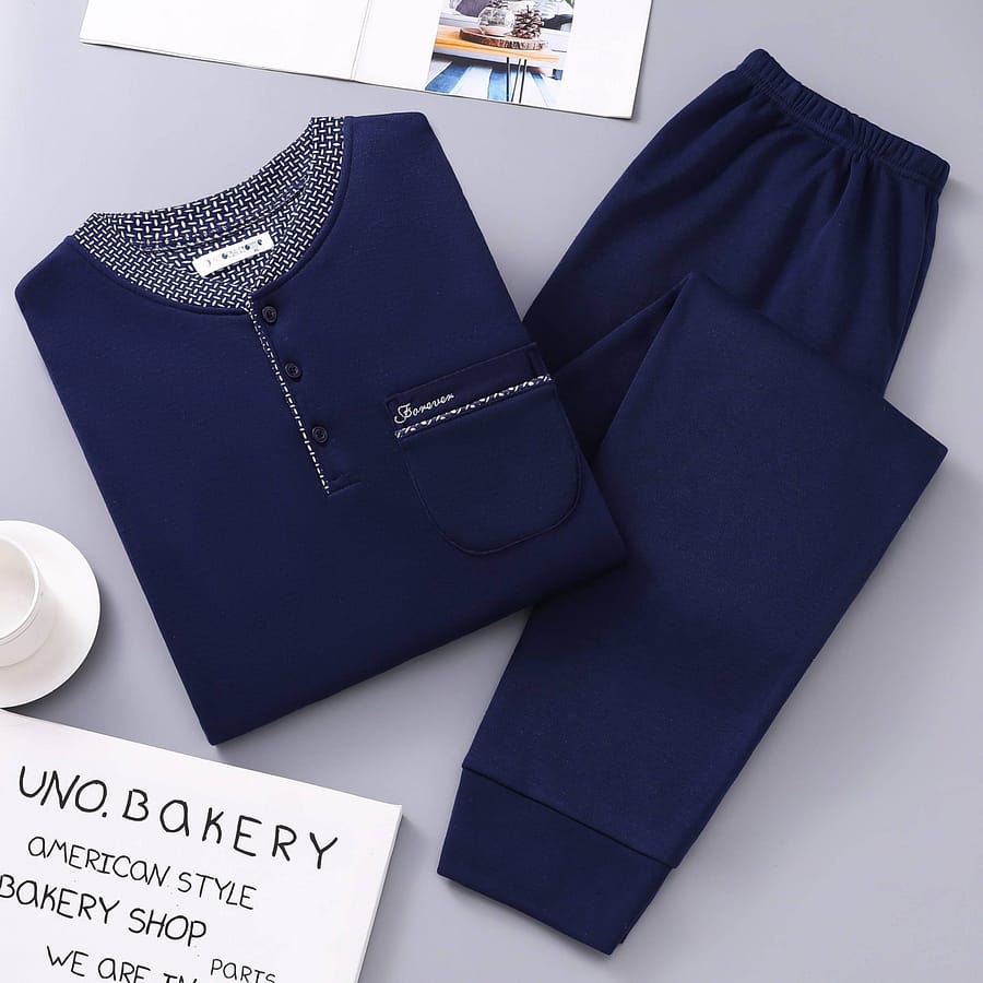 2pcs Casual Round Neck Button Up Long Sleeves Pockets Shirts Tops & Pants Sets, Men’s Comfortable Pajamas Loungewear Clothing Shop Online at Dubai Trades 2