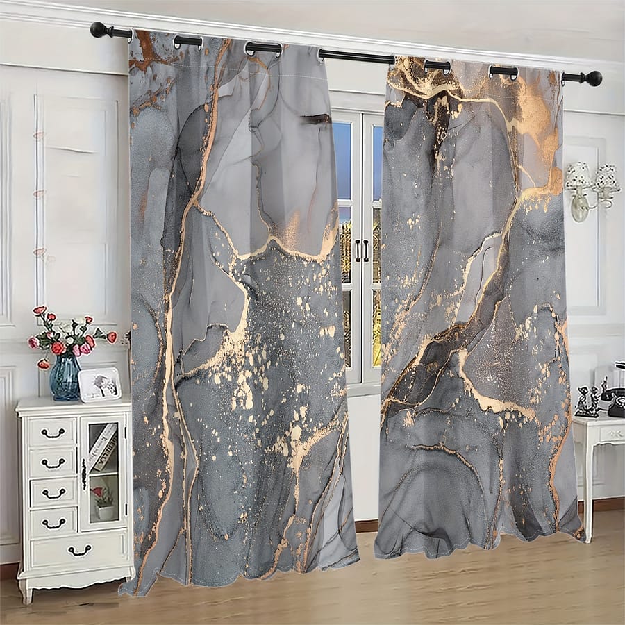 2pcs Elegant Nordic-inspired Marble Curtains With Accents, Semi-transparent Polyester, Machine Washable – Living Room Decor, Curtains For Living Room Curtains & Drapes Shop Online at Dubai Trades 2