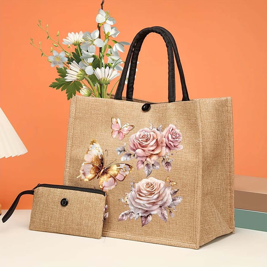 2pcs Flower Large Capacity Tote Bag, Bag Storage Bag Laundry Bag Travel Bag, Fashion Large Capacity Shopping Bag, Portable Burlap Gift Bag For Women Clothing, Shoes & Jewelry Shop Online at Dubai Trades 2