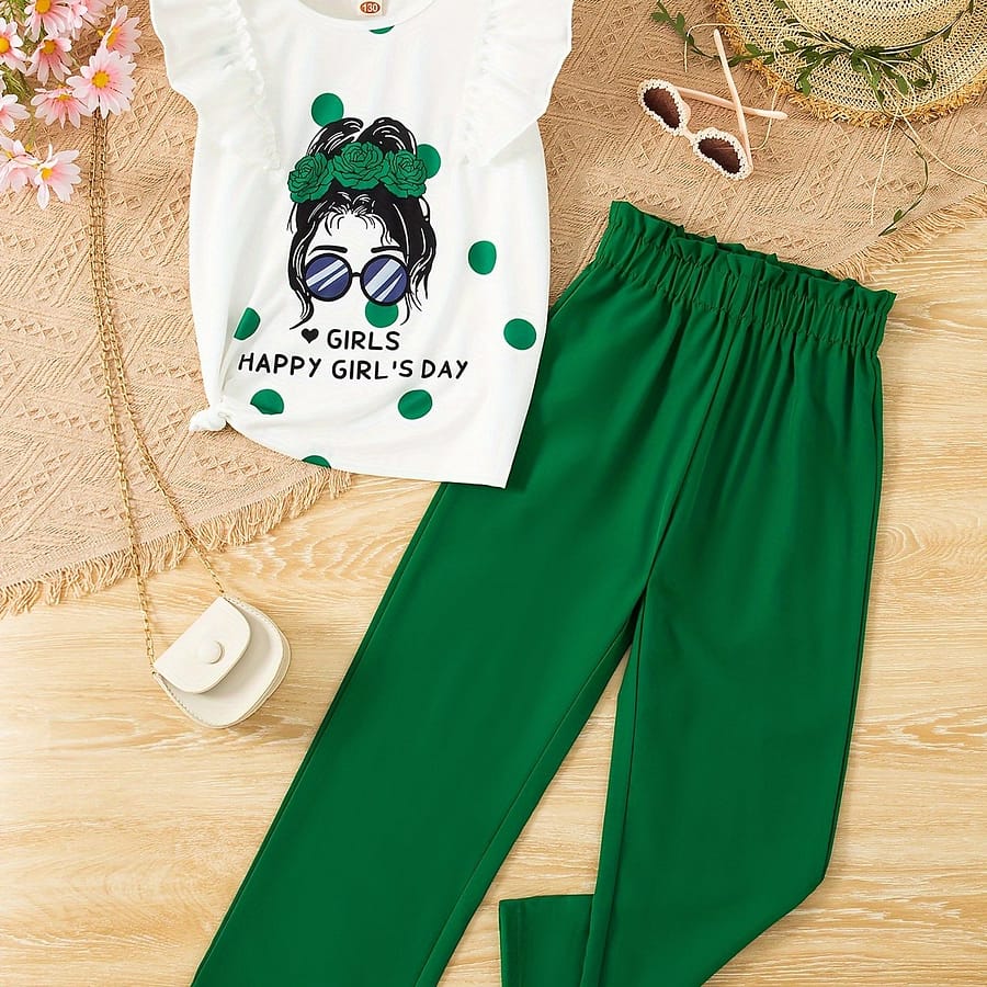 2pcs Girls Green Portrait Pattern Flutter Sleeve Top + High Waist Pants Casual 2-piece Summer Outdoor Outfit Clothing Shop Online at Dubai Trades 2