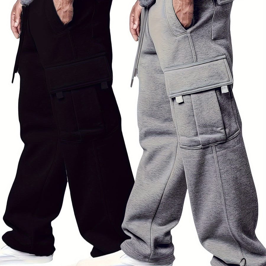 2pcs, Men’ Loose Fit Cargo Pants With Multiple Flap Pockets, Casual And Classic Sweatpants For Sports And Outdoors Activities, For Winter & Fall Active Pants Shop Online at Dubai Trades 2