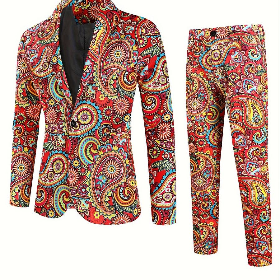 2pcs Men’s Paisley Pattern Blazer & Suit Pants Set, , Fashionable Print, Fit Clothing Shop Online at Dubai Trades 2