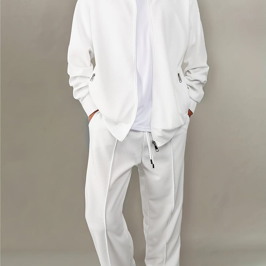2pcs Men’s Waffle Knit Casual Outfit: Chic Long Sleeve Zip-up Cardigan & Drawstring Pants Set – Comfortable Polyester , Ideal For & Vacation, Spring/fall Active Shop Online at Dubai Trades 2