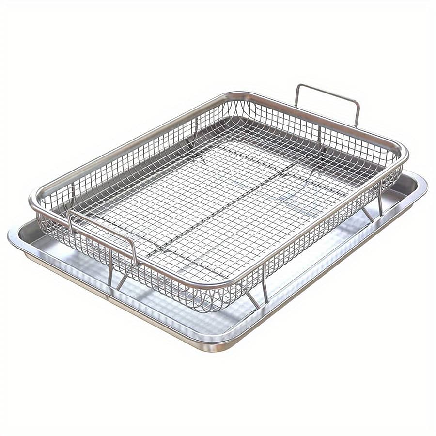 2pcs Stainless Steel Oblong Roasting Pans – Air Fryer Basket Set, Deluxe Oven Crisper Tray Combo For Grilling & Baking Bakeware Shop Online at Dubai Trades 2