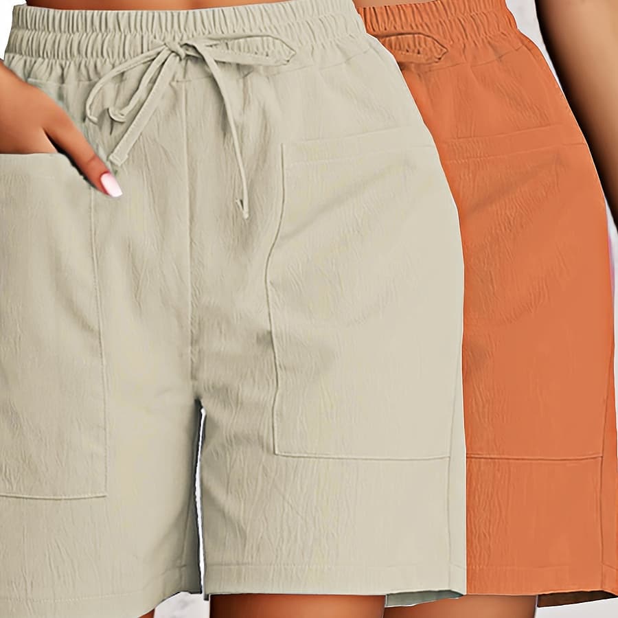 [2pcs Women’s Breathable Cargo Shorts] 2-pack Women’s Casual Solid Color Cargo Shorts, Breathable Lightweight Polyester Fabric, Dual Pockets With Drawstring Detail, Fashion Clothing Shop Online at Dubai Trades 2