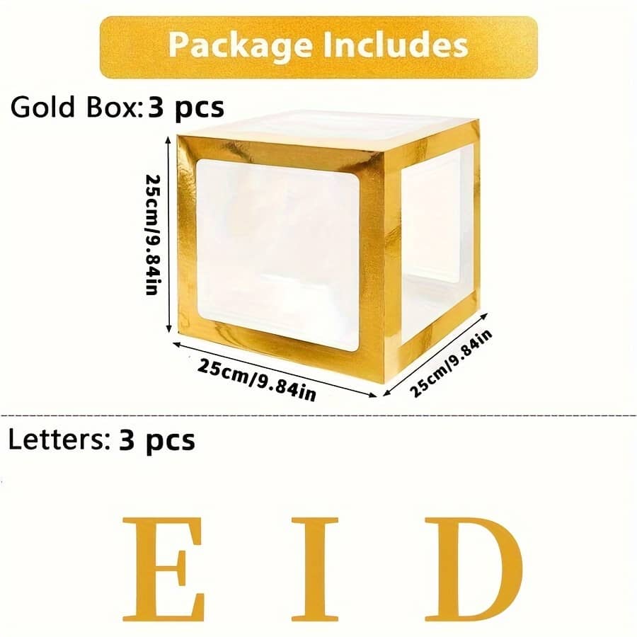 3 Golden Eid Balloon Boxes, For Ramadan , Transparent Square Decorations, With A Letter, For Photography Props, Cake Smash Background Box Packs Shop Online at Dubai Trades 2