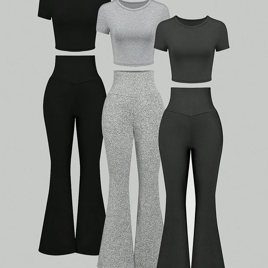 3 Pack Casual Solid Color 2 Piece Set, Crop Crew Neck Short Sleeve T-shirt & Flare Leg Pants Outfits, Women’s Clothing Clothing Shop Online at Dubai Trades 2