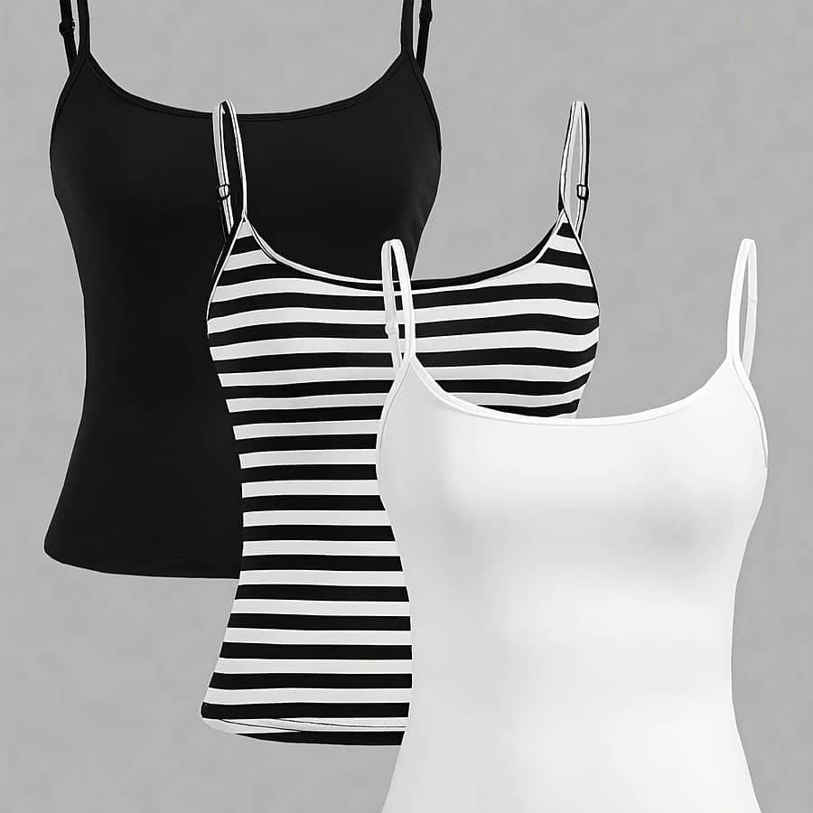 3 Pack Striped & Solid Color Cami Top, Slim Fit Spaghetti Strap Top For Summer, Women’s Clothing Clothing Shop Online at Dubai Trades 2