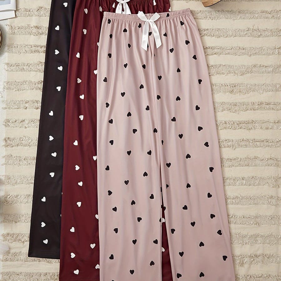 3 Pcs Allover Heart Print Pajama Bottoms, Bow Elastic Slight Stretch Pants, Women’s Sleepwear Bottoms Shop Online at Dubai Trades 2