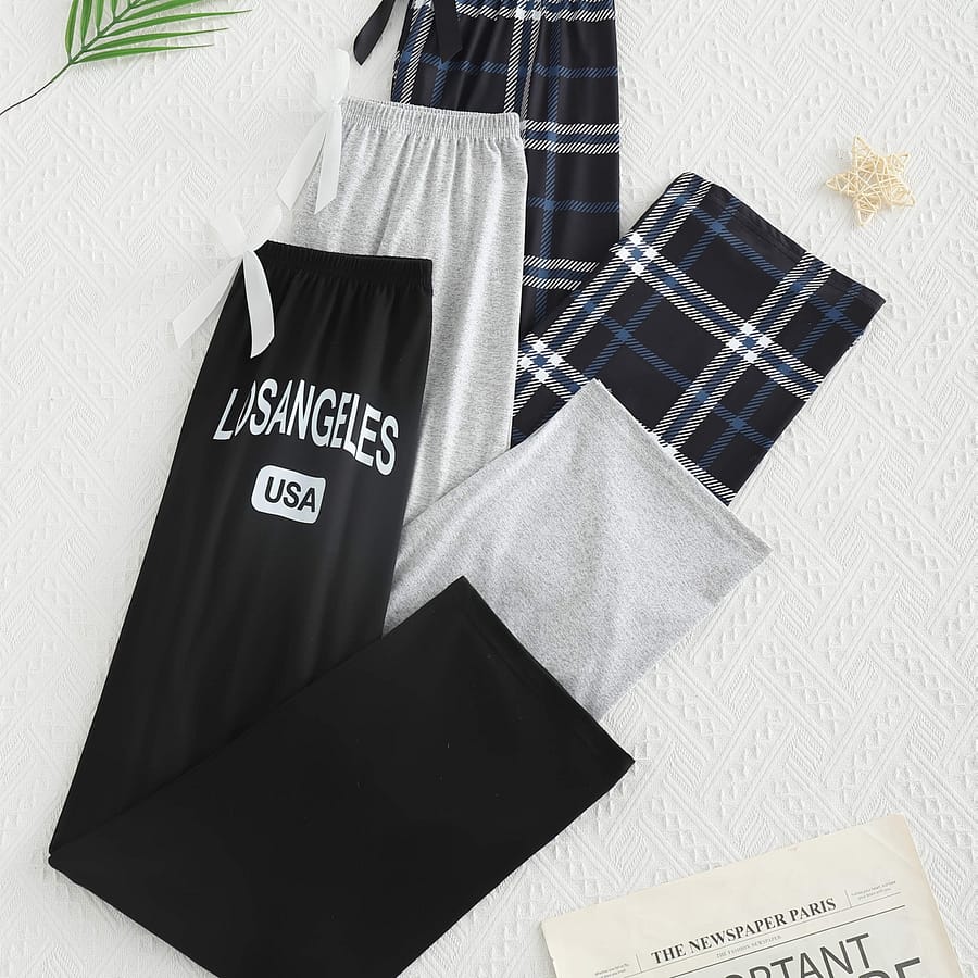 3 Pcs Casual Solid Or Letter Or Plaid Print Lounge Bottoms, Elastic High Waist Loose Pants, Women’s Sleepwear & Loungewear Bottoms Shop Online at Dubai Trades 2