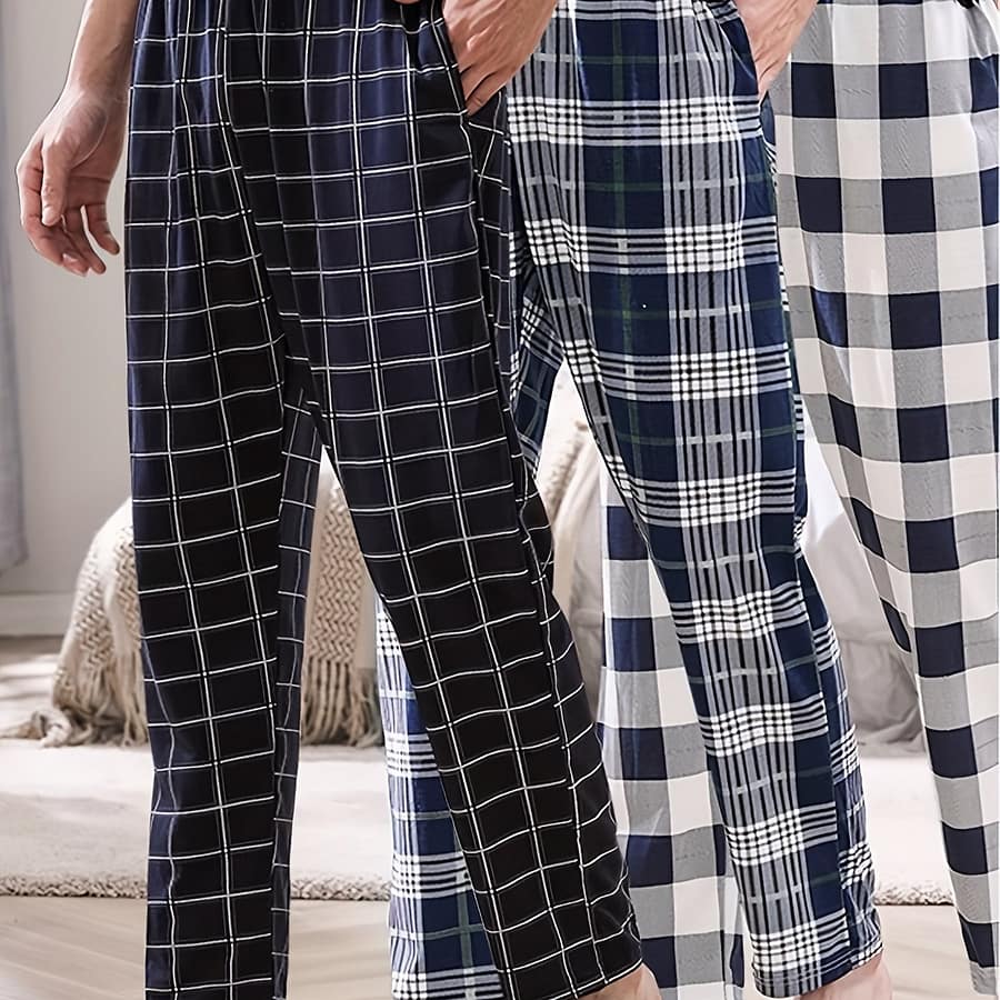 3 Pcs Men’s Plaid Pattern Indoor Long Pants, Pajama Sleep Bottom, Loungewear Sleep Wear Trousers Clothing Shop Online at Dubai Trades 2