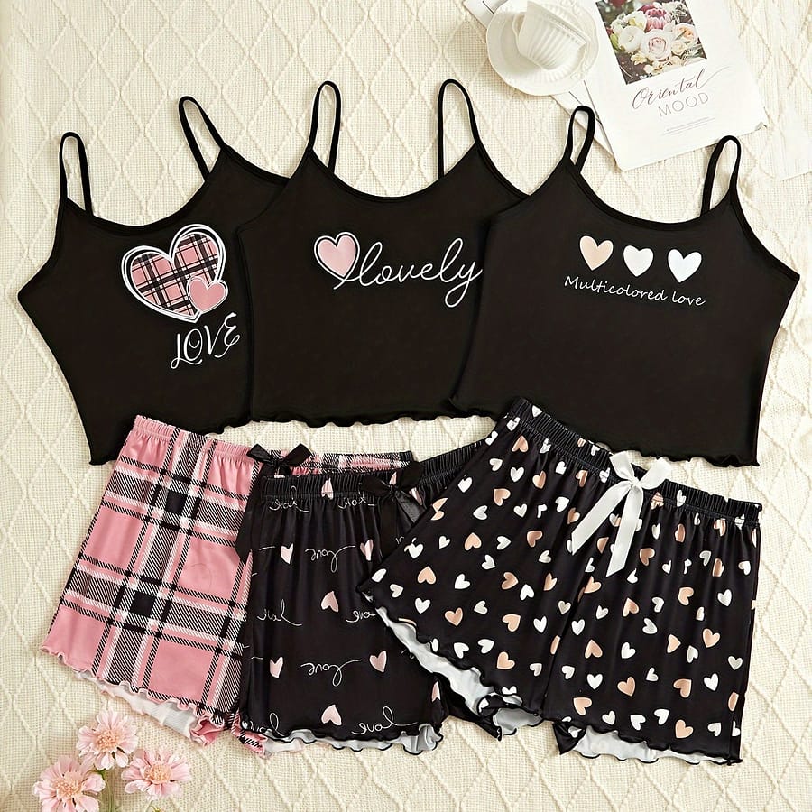 3 Sets Casual Heart & Letter Print Frill Trim Pajama Set, Round Neck Backless Cami Top & Shorts, Women’s Sleepwear Clothing Shop Online at Dubai Trades 2