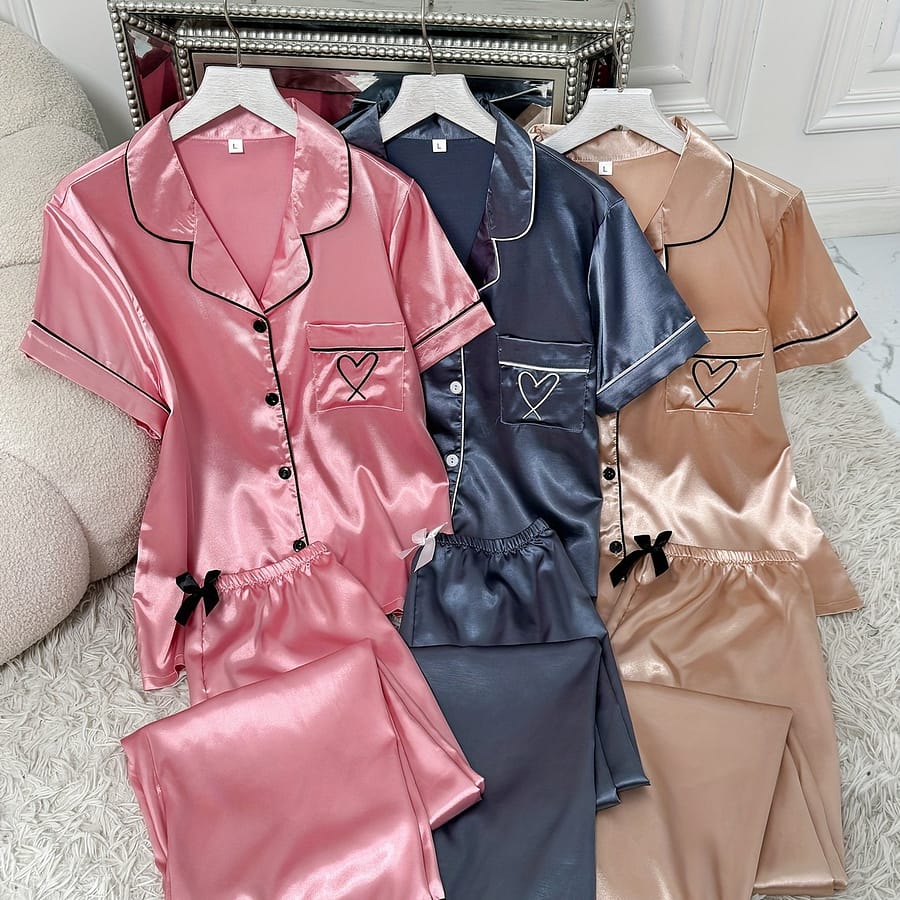 3 Sets Of Solid Color Satin Love Short And Long Pajama Sets Clothing Shop Online at Dubai Trades 2