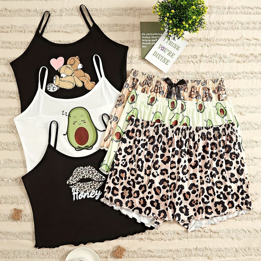3 Sets Women’s Graphic Print Frill Trim Casual Pajama Set, Round Neck Backless Crop Cami Top & Shorts, Comfortable Relaxed Fit, Summer Nightwear Clothing Shop Online at Dubai Trades 2