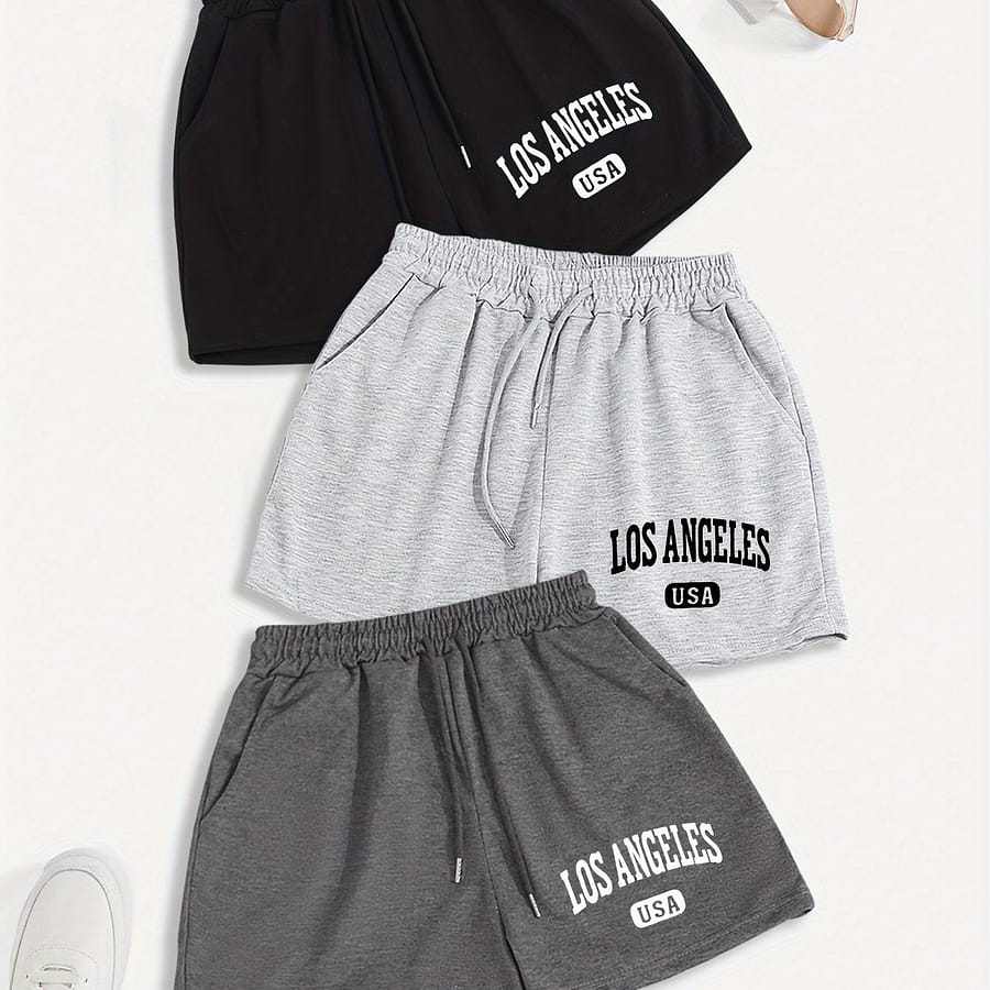 3-pack Y2k Style Women’s Casual Drawstring Shorts, 100% Polyester Knit Fabric, Solid Color, Loose Fit With Pockets, Slight Stretch, Summer Wear, 185g/m² – Los Angeles Usa Print Clothing Shop Online at Dubai Trades 2