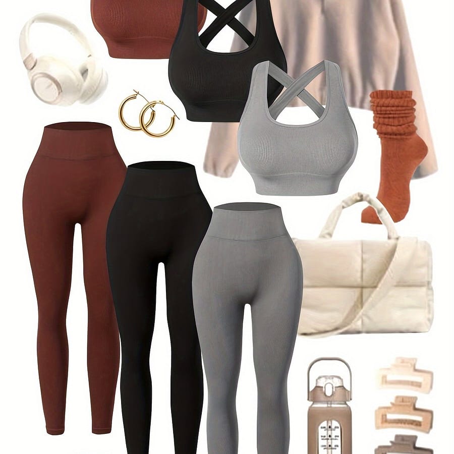 3pack, Women’s High-waisted Yoga Leggings Set With Built-in Bra, Seamless Design, Breathable Fabric, Wear ( ) Active Shop Online at Dubai Trades 2