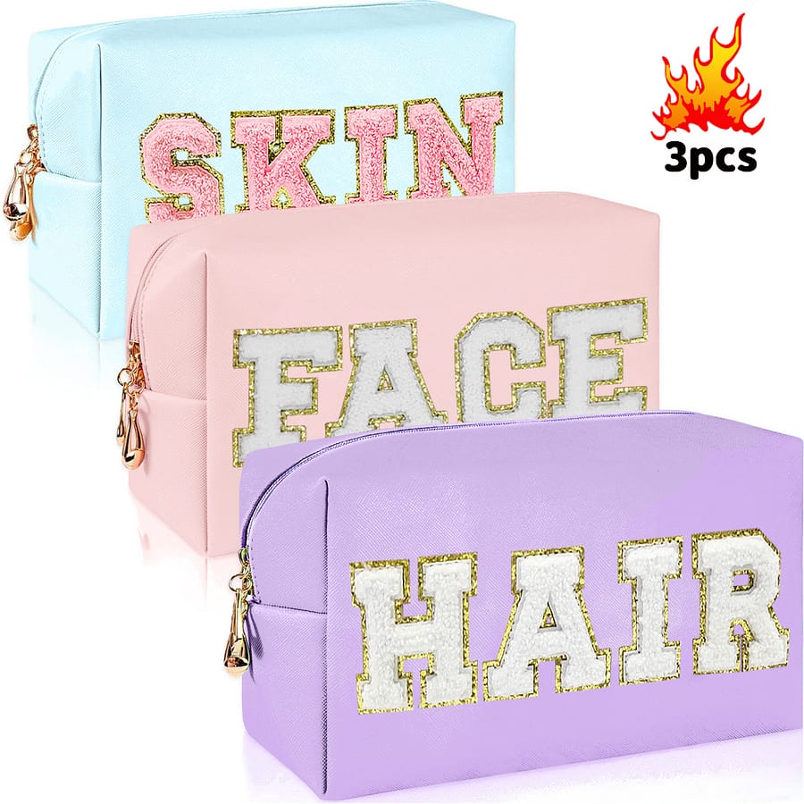 3pcs Chenille Preppy Makeup Bag For Women Travel Toiletry Bag Chenille Letter Cosmetic Bag Cute Zipper Organizer, Light Beige, Hair And Face Bags & Cases Shop Online at Dubai Trades 2