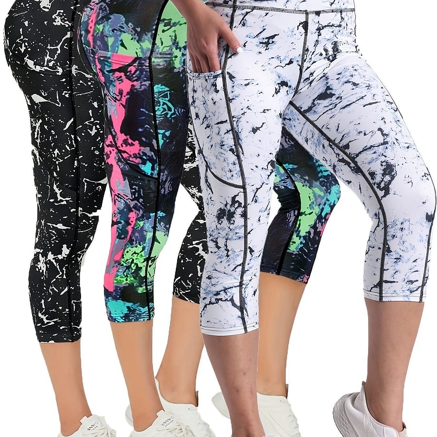 3pcs High Waist Yoga Capris Pants For Women, Tummy Control Workout Capri Leggings With Pockets, Fitness Running Capri Pants Activewear Tights & Leggings Shop Online at Dubai Trades 2