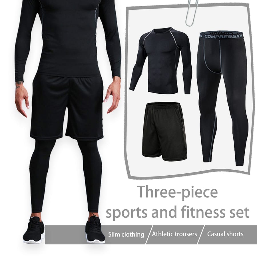 3pcs Men’ Fitness Set, Long Sleeve Shirts & Pants & Shorts, Quick-drying Stretchy Basketball Training Set Clothing Shop Online at Dubai Trades 2