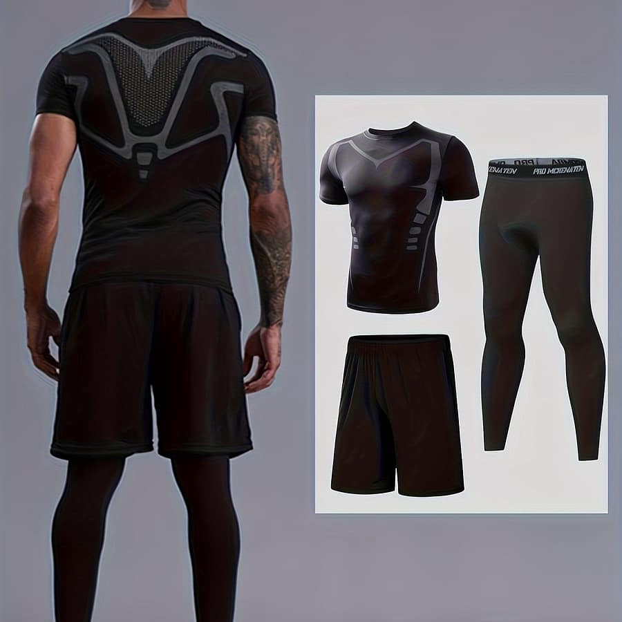 3pcs Men’s Base Layer Sets, Short Sleeve Round Neck Tops Shirts & Bottom Pants & Shorts, Sports Fitness Workout Body Shaper Suit, Sports Suits Clothing Shop Online at Dubai Trades 2