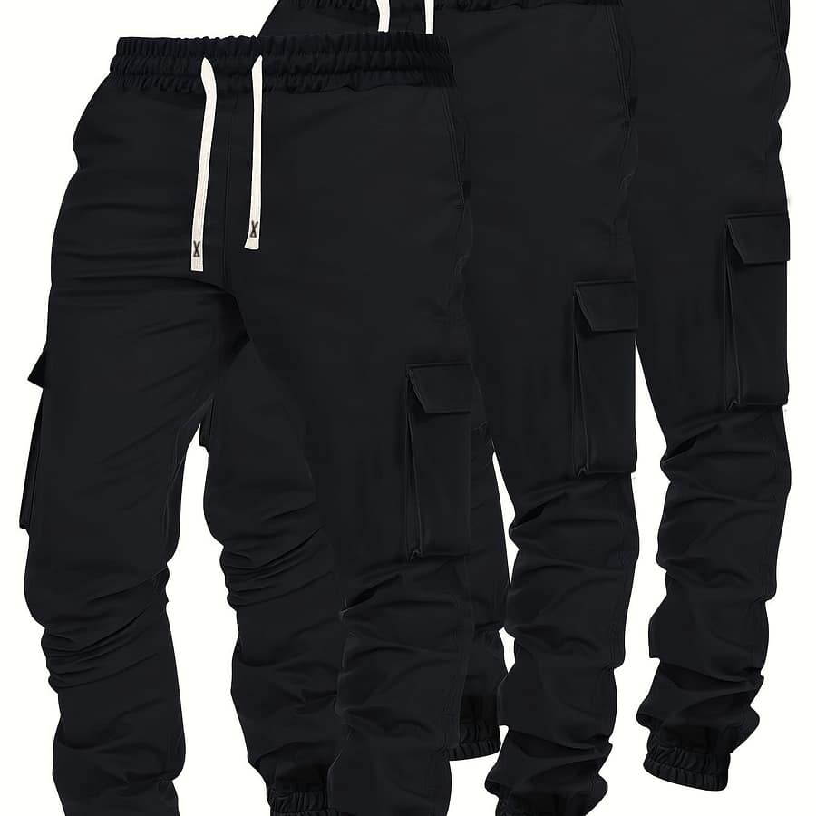 3pcs Men’s Cargo Pants – Fall/winter, Multi-, Solid Color With Elastic Drawstring Waist, Comfortable Polyester, Casual Jogger Sport Trousers In Black, Olive Green, Beige Clothing Shop Online at Dubai Trades 2