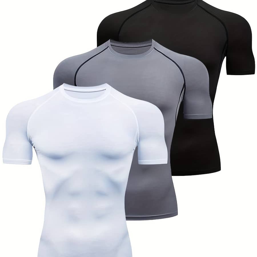 3pcs Men’s Quick Dry Stretch Short Sleeve Round Neck T-shirts Set, Summer Gym Fitness Training Active Shop Online at Dubai Trades 2