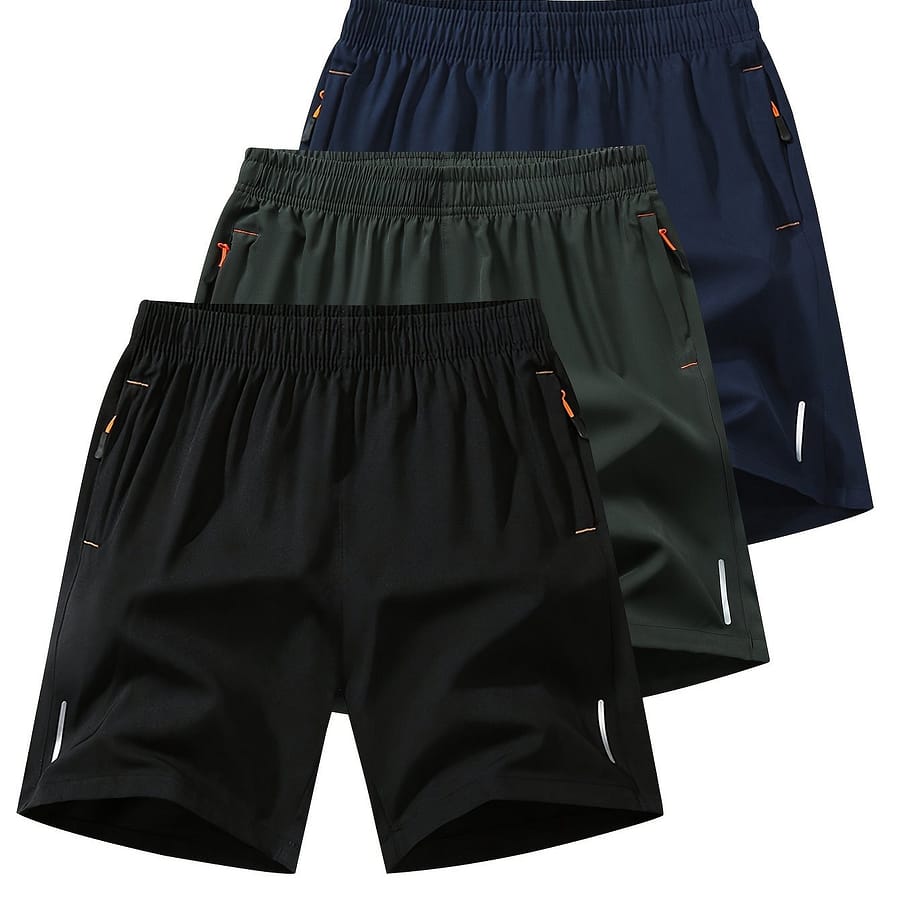 3pcs Men’s Set Of Solid Shorts With Zippered Pockets, Breathable And Comfy Drawstring Shorts For Summer Training, Fitness And Gym Wear Clothing Shop Online at Dubai Trades 2