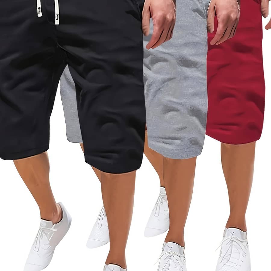 3pcs Plus Size Men’s Casual Shorts – Solid Color, Drawstring Waist With Pockets, Breathable Polyester, Machine Washable, Plus Size Clothing, Shoes & Jewelry Shop Online at Dubai Trades 2