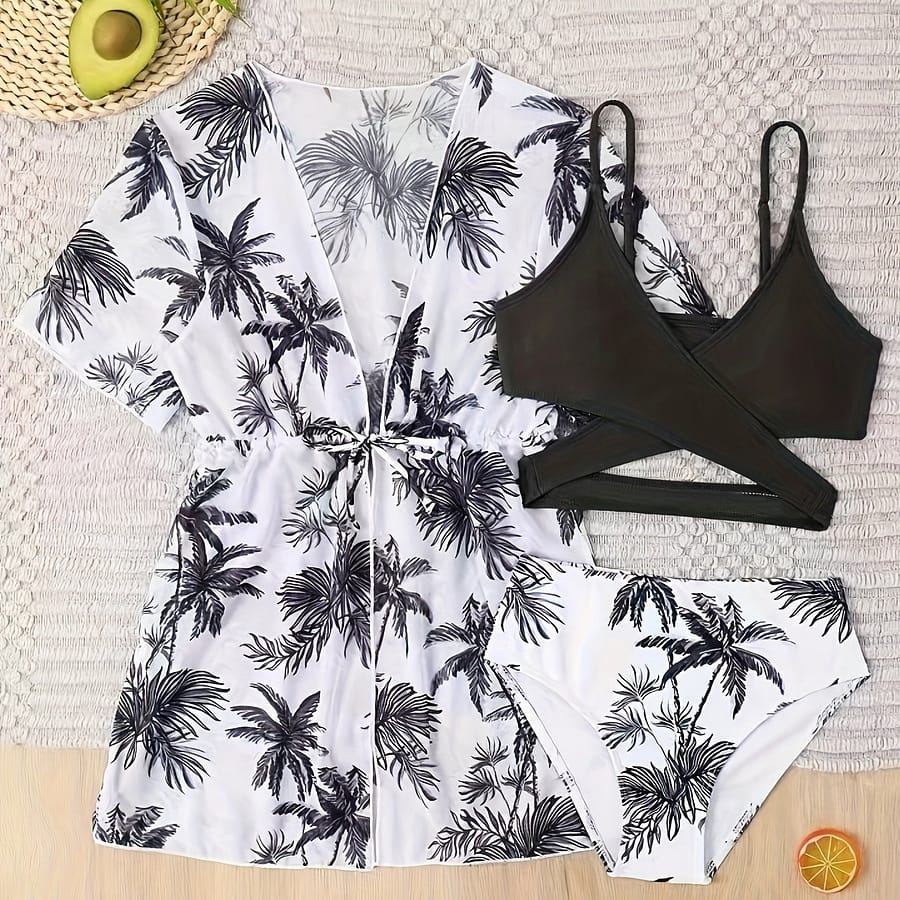 3pcs Print Women’s Bikini Set With V-neck Cover-up – Elegant High-stretch Polyester/elastane Swimsuit, Machine Washable, Includes Crisscross Bra & High-waisted Shorts Bikinis Shop Online at Dubai Trades 2
