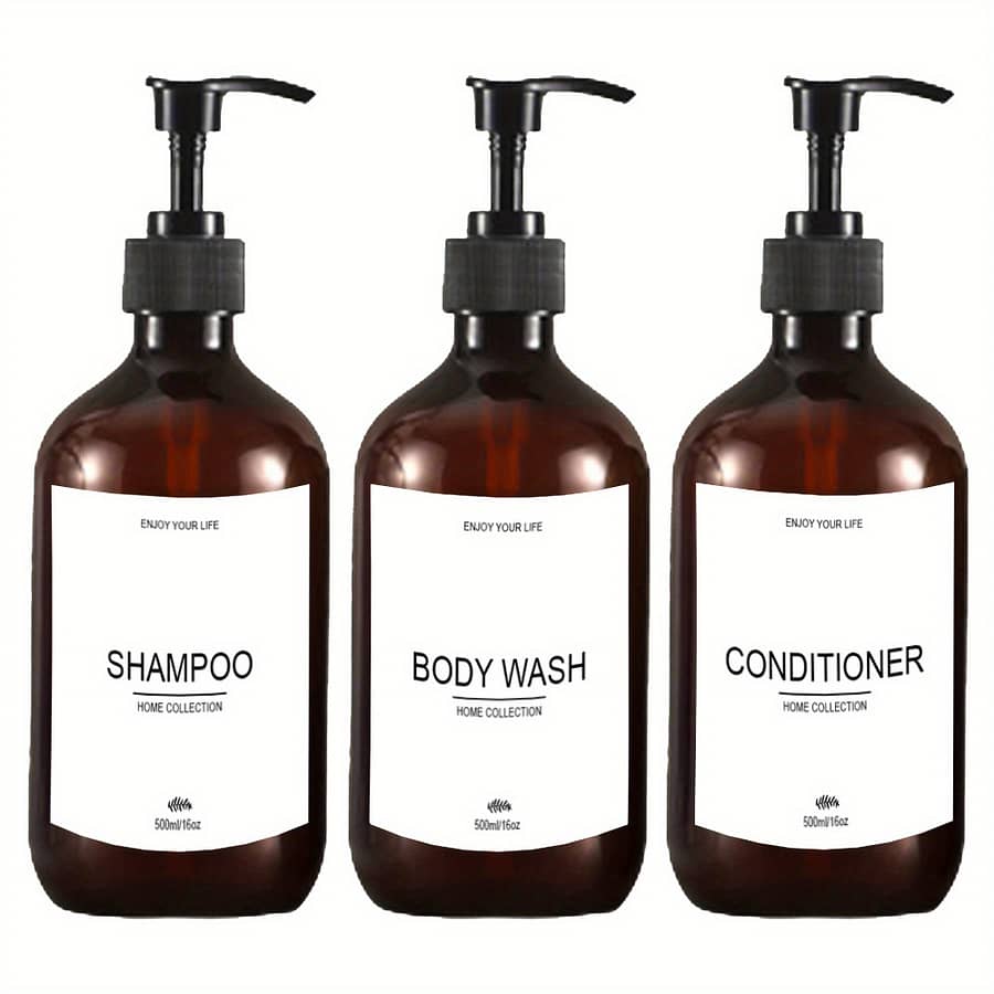 3pcs Refillable Shampoo Conditioner Body Wash Dispenser Bottles With Pump, Bathroom Lotion Dispenser Container With Waterproof Labels 500ml/16.9oz Bath Shop Online at Dubai Trades 2