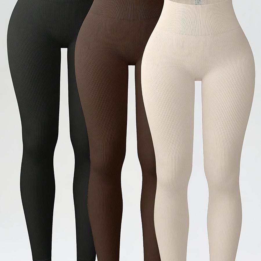 3pcs Set Of Plaid Solid Color Yoga Leggings, Seamless Butt-lifting Wide Waistband Sports Tights, Women’s Sportswear Clothing Shop Online at Dubai Trades 2