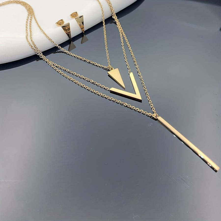3pcs Stainless Steel Long Strip V-shaped Geometric Pendant, Necklace, Triangle Earrings, Birthday Holiday Gift, Clothing Decoration, Party Accessories Clothing, Shoes & Jewelry Shop Online at Dubai Trades 2