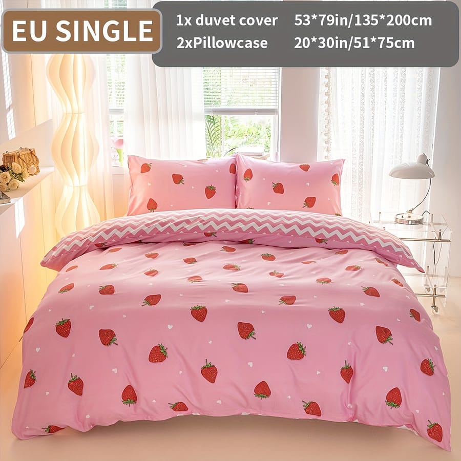 3pcs Strawberry Print Duvet Cover Set – Soft, Breathable Polyester Bedding With Zip Closure For – Includes 1 Duvet Cover & 2 Pillowcases (no Insert) Bedding Shop Online at Dubai Trades 2