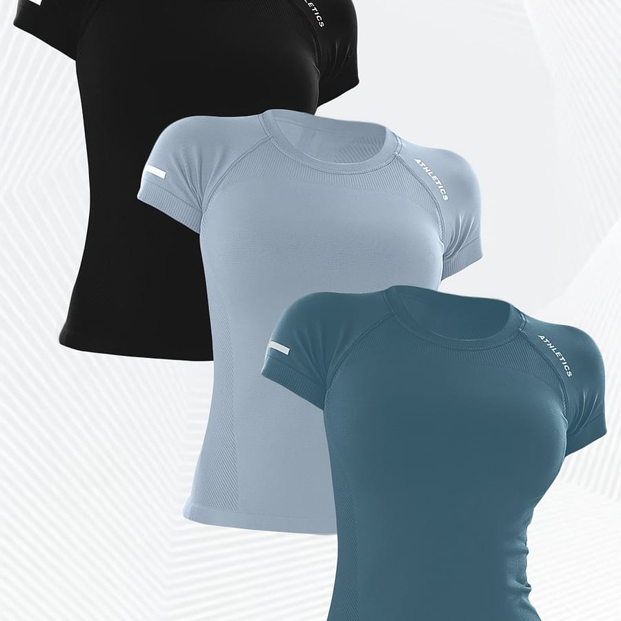 3pcs Women’s Athletic T-shirts – High Stretch, Breathable Nylon Short Sleeve Yoga & Fitness Tops With Letter Design In Black, Gray, And Teal Active Shirts & Tees Shop Online at Dubai Trades 2